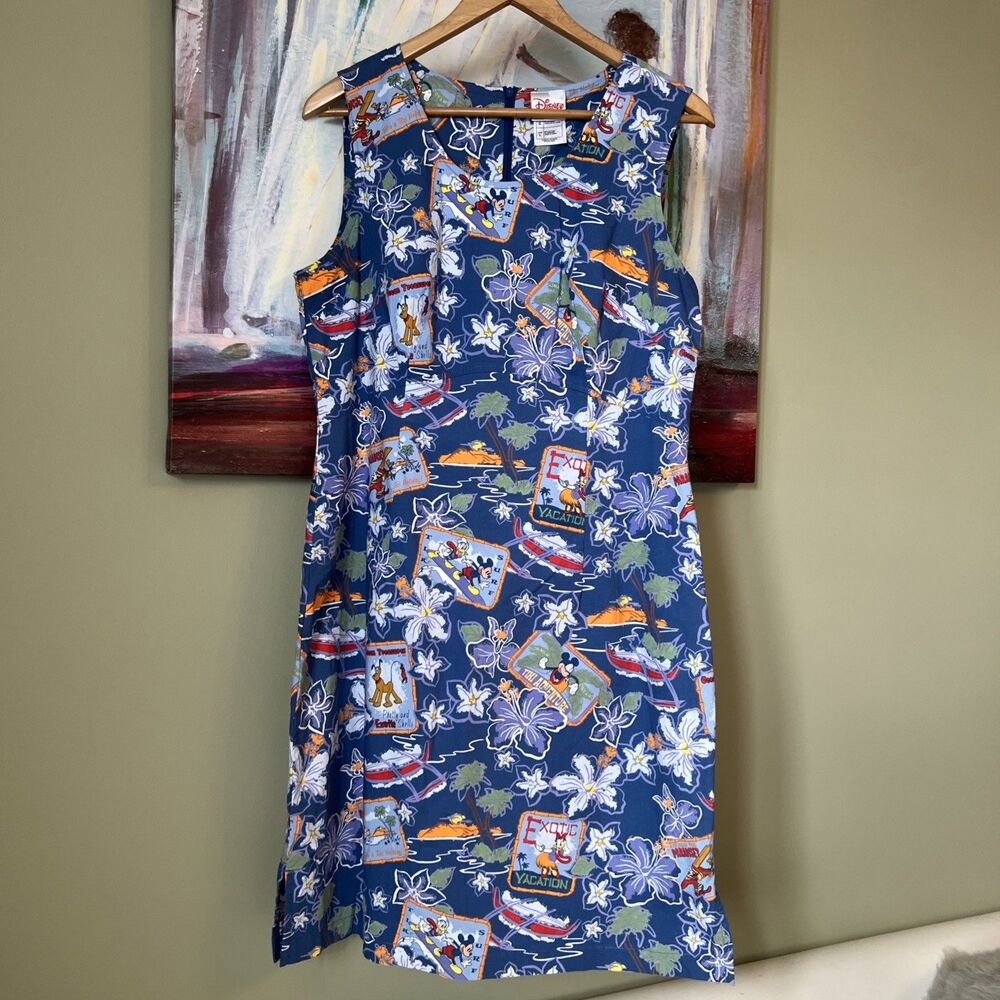 Vintage 90s Disney Mickey Friends Tropical Hawaiian Hula Tiki Dress Women’s Sz L